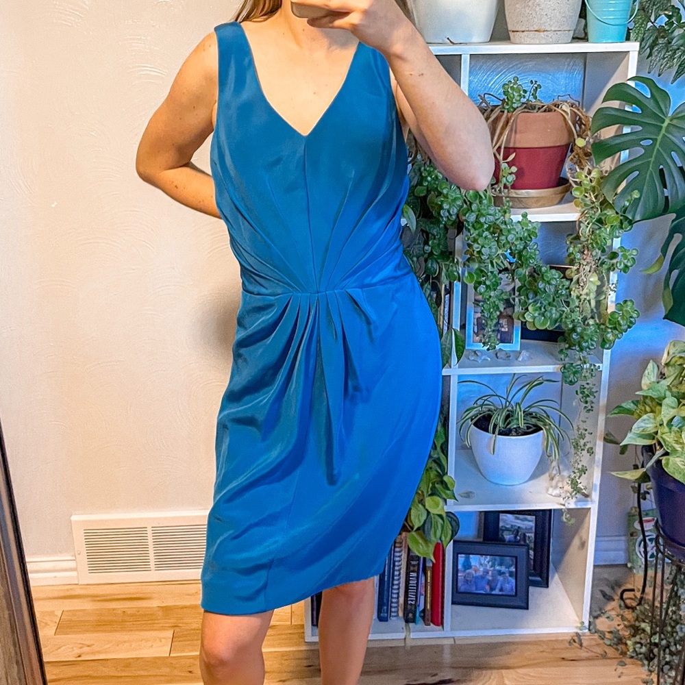 Pamella Roland Silk Dress Electric Blue Pleated Cinched Waist Sleeveless